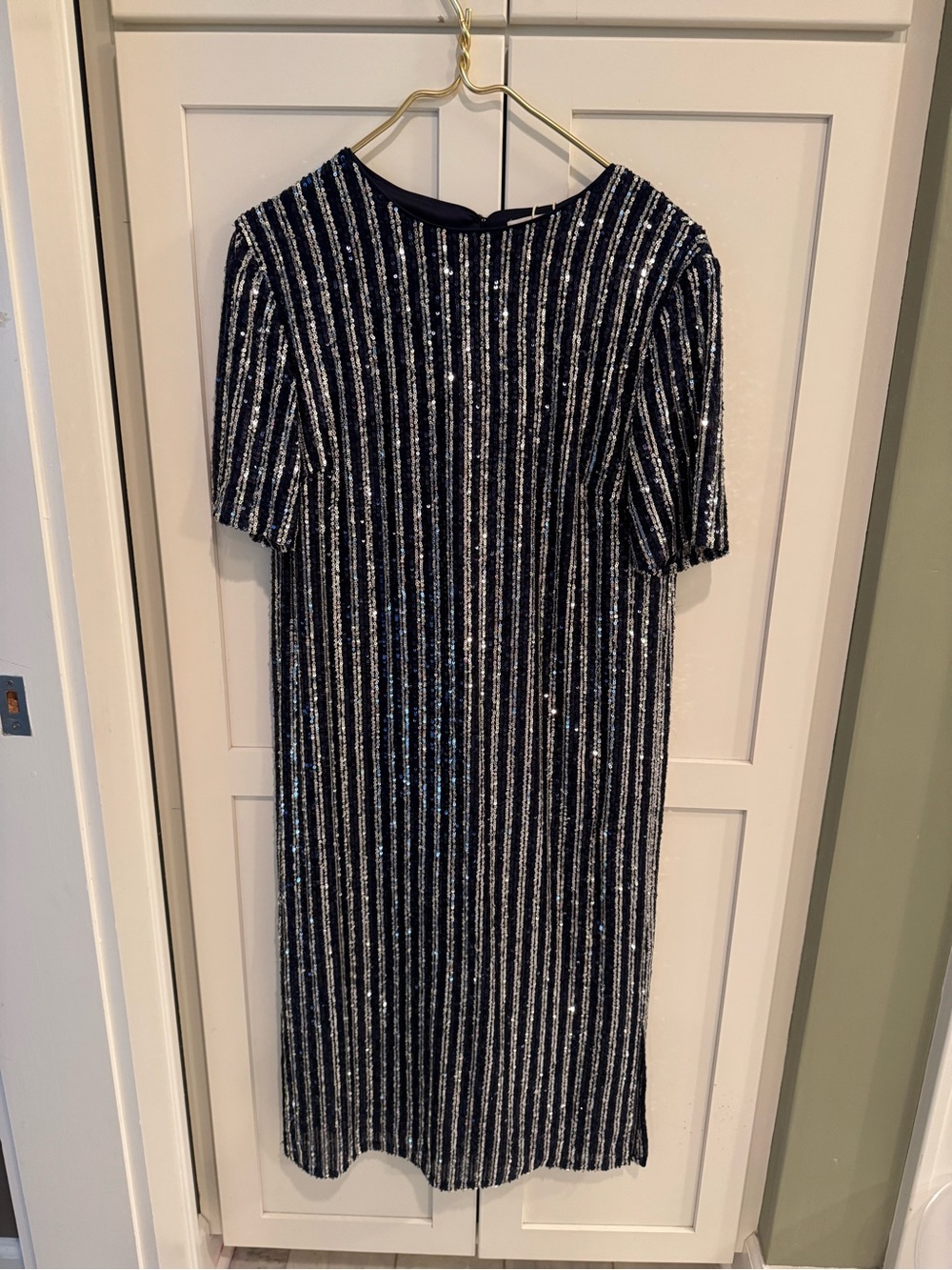Flat White Navy and Silver Sequin Striped Shift Dress Small NWT